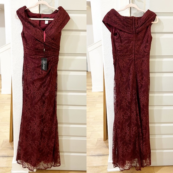 NWT La Femme Portrait Neck Lace Gown Burgundy Lace - Picture 2 of 4